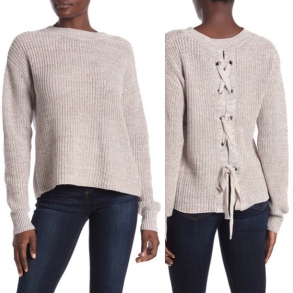 Bobeau Lace-Up Knit Crewneck Sweater Size Small